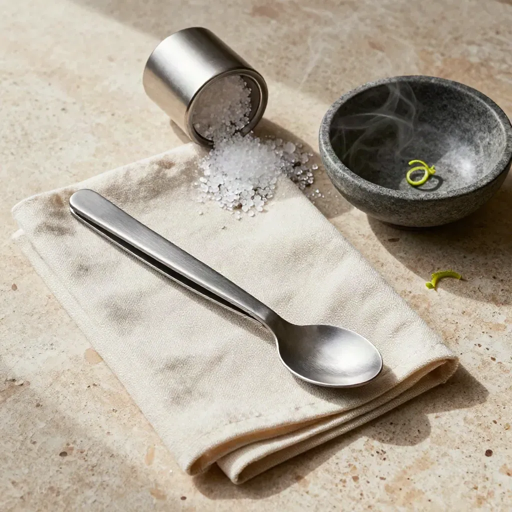Tweezer da chef, cucchiaio in ceramica, sale grosso e lino su travertino, con vapore leggero.