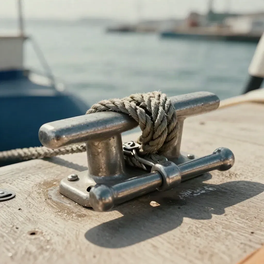 Cima nautica e attrezzatura in acciaio su teak chiaro, con mare sfocato e aria salmastra.