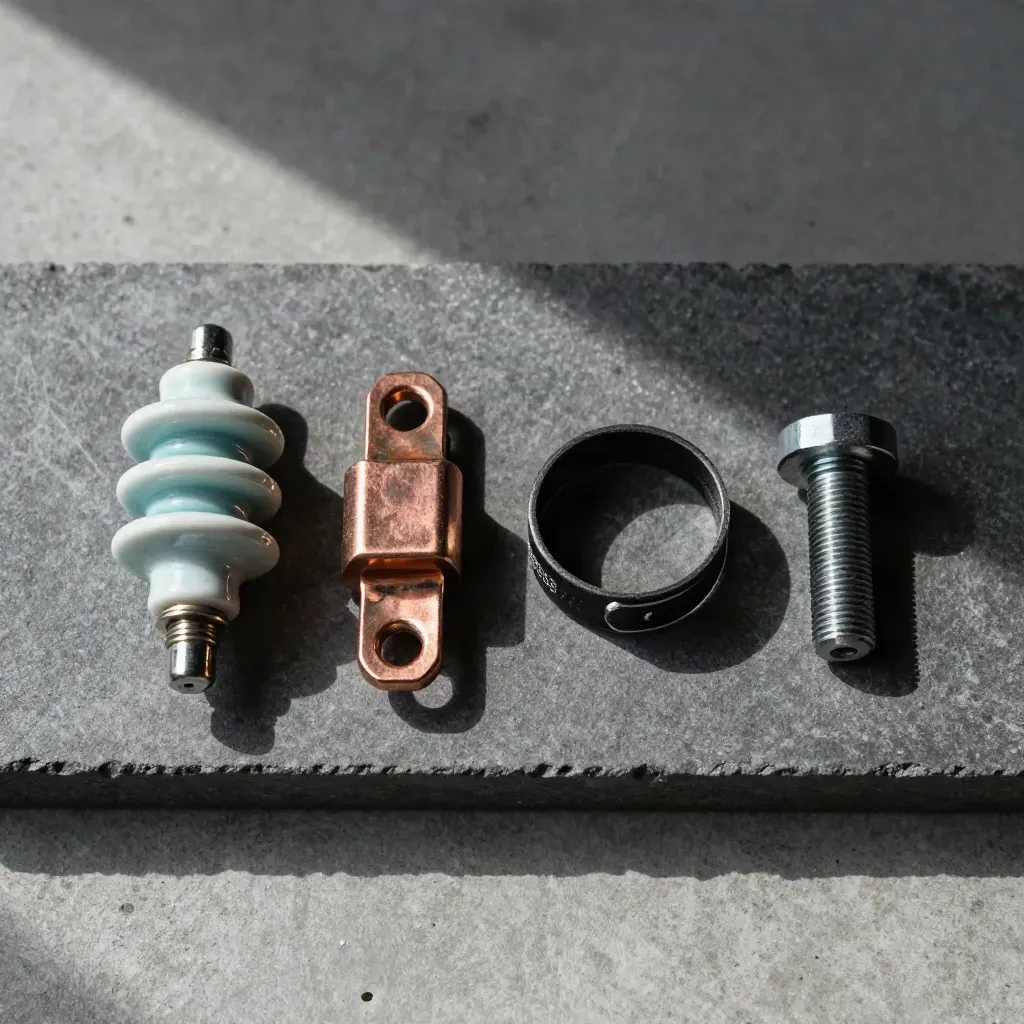 Componenti elettrici in macro su cemento grafite, luce radente e accento teal.