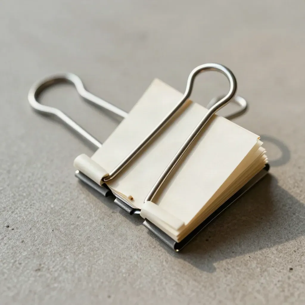 Clip metallico con cartoncini bianchi e due perni su fondo grafite, macro dall'alto.
