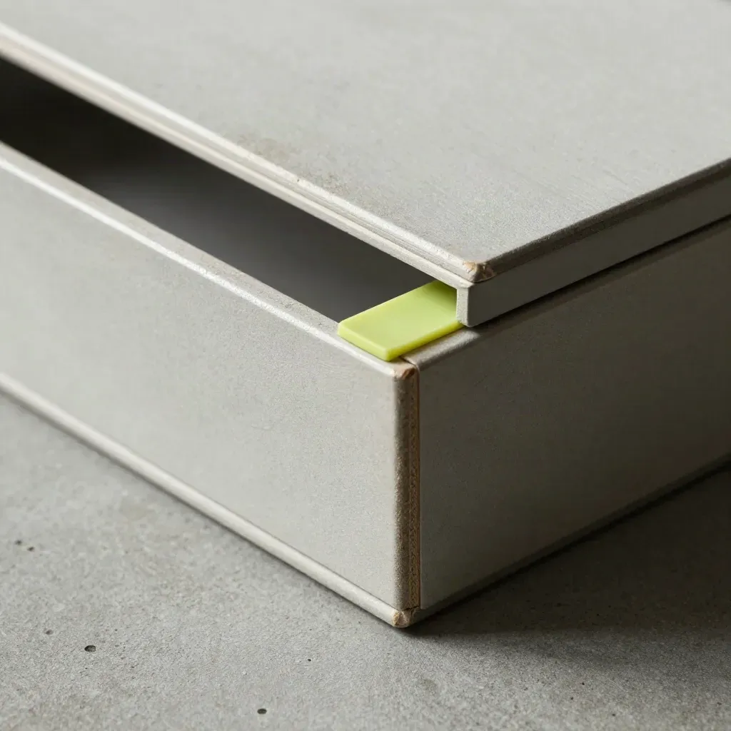 Scatola archivio con guide per cartelle e divisore, su cemento spazzolato con accento lime.