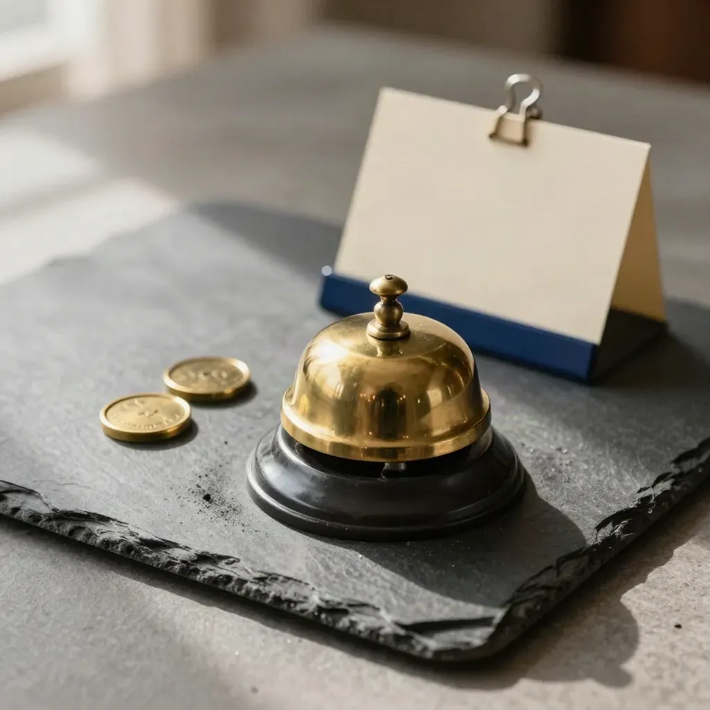 Campanello in ottone con due gettoni riunione e supporto per card su ardesia