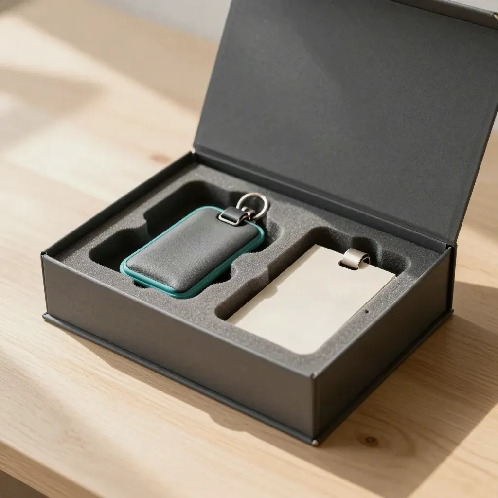 Kit di onboarding con scatola modulare, inserti in foam e portabadge su legno chiaro.