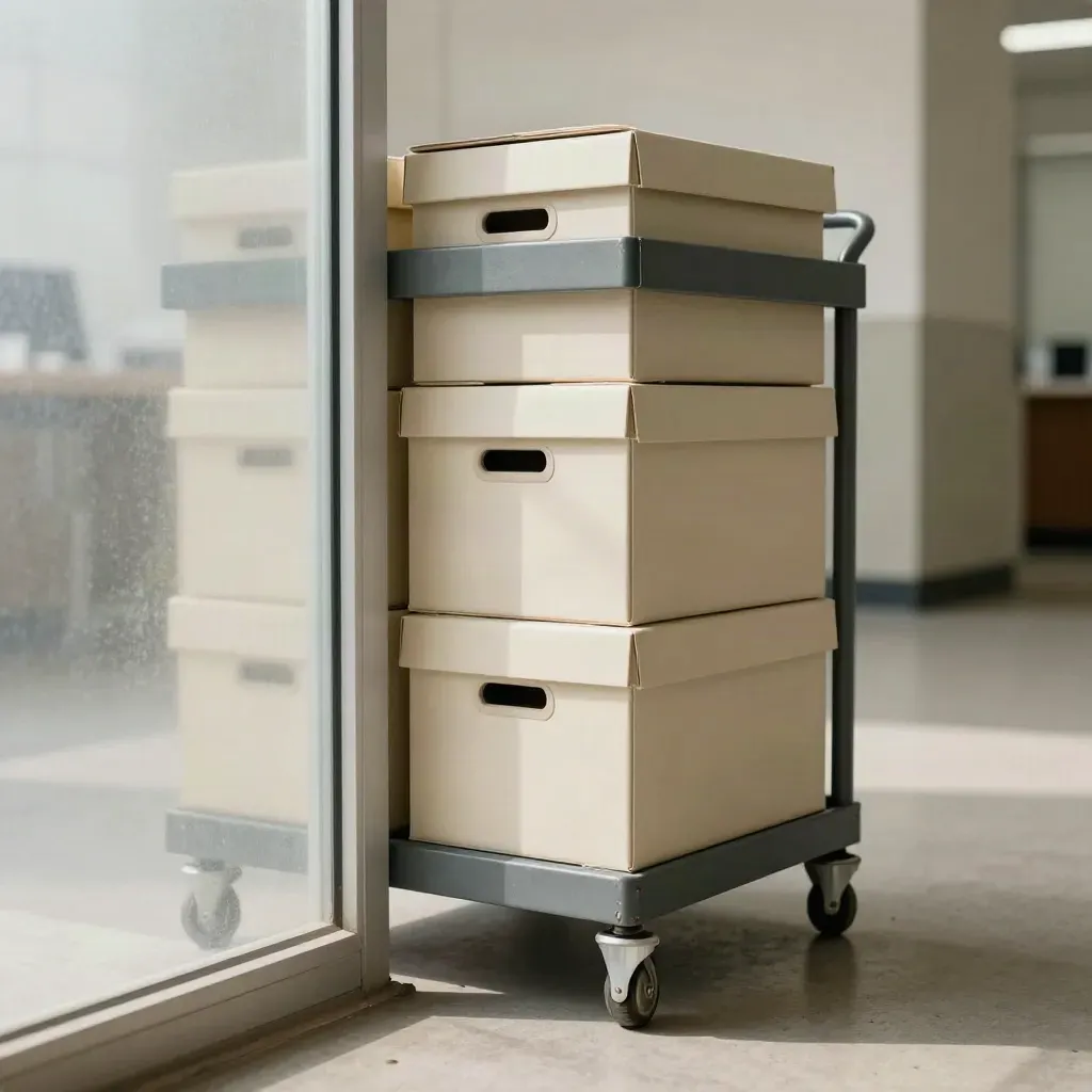 Carrello archivio con cartelle bianche dietro vetro satinato in un ufficio HR.