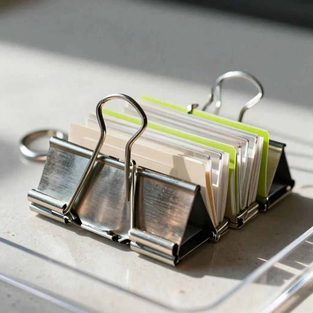 Clip, tab e binari per cartelle su metallo spazzolato, visti dall’alto.