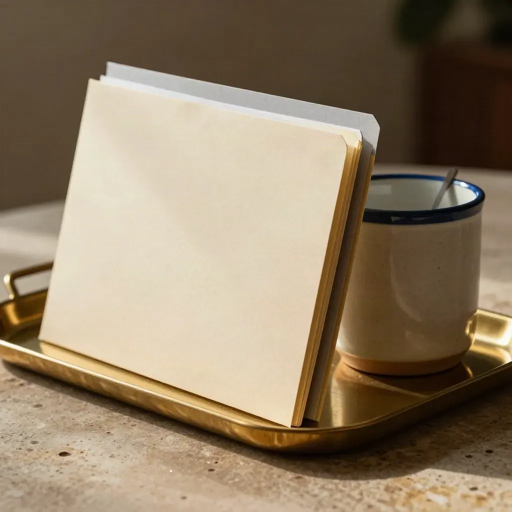 Cartelle candidate sigillate, vassoio in ottone e portapenne in ceramica su pietra calda.