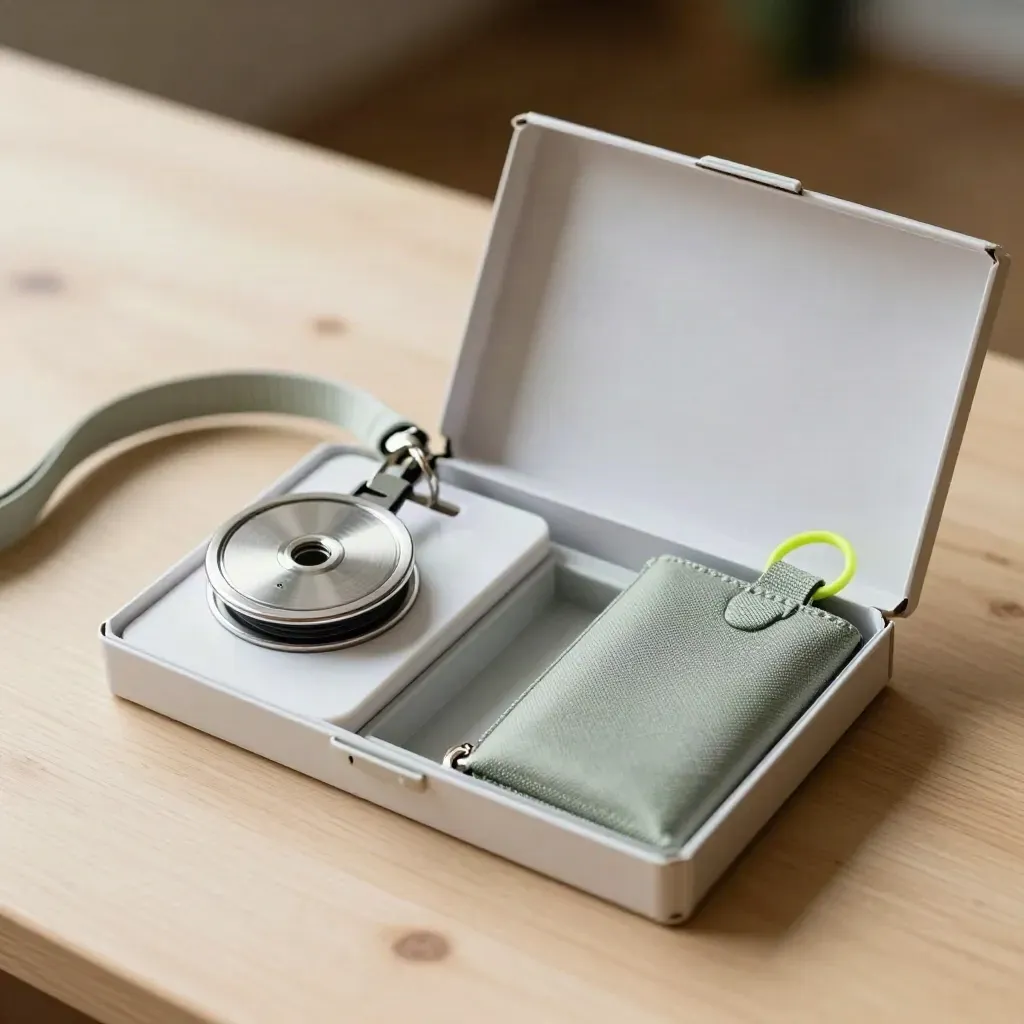 Kit di onboarding aperto con reel portabadge e portachiavi su legno chiaro