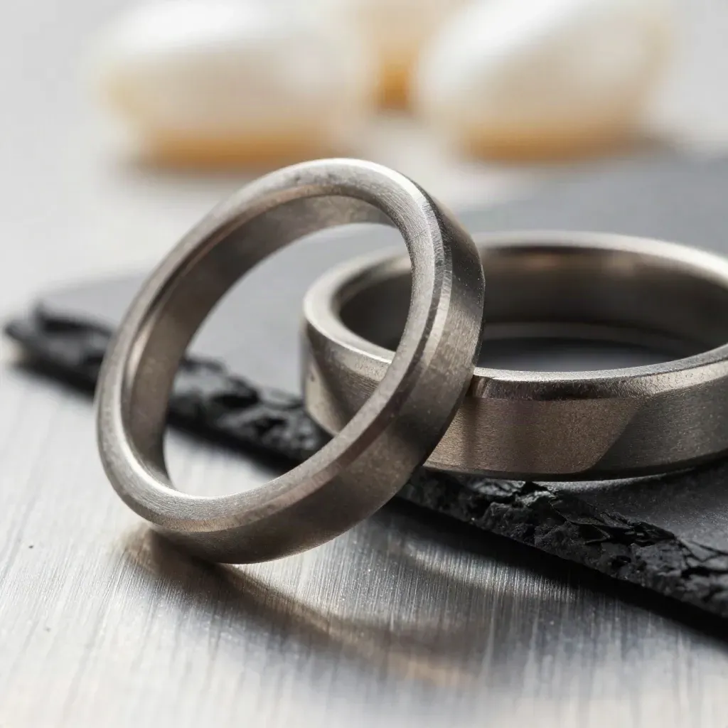 Anelli metallici incastrati e connettore su lamina spazzolata, macro raffinata.