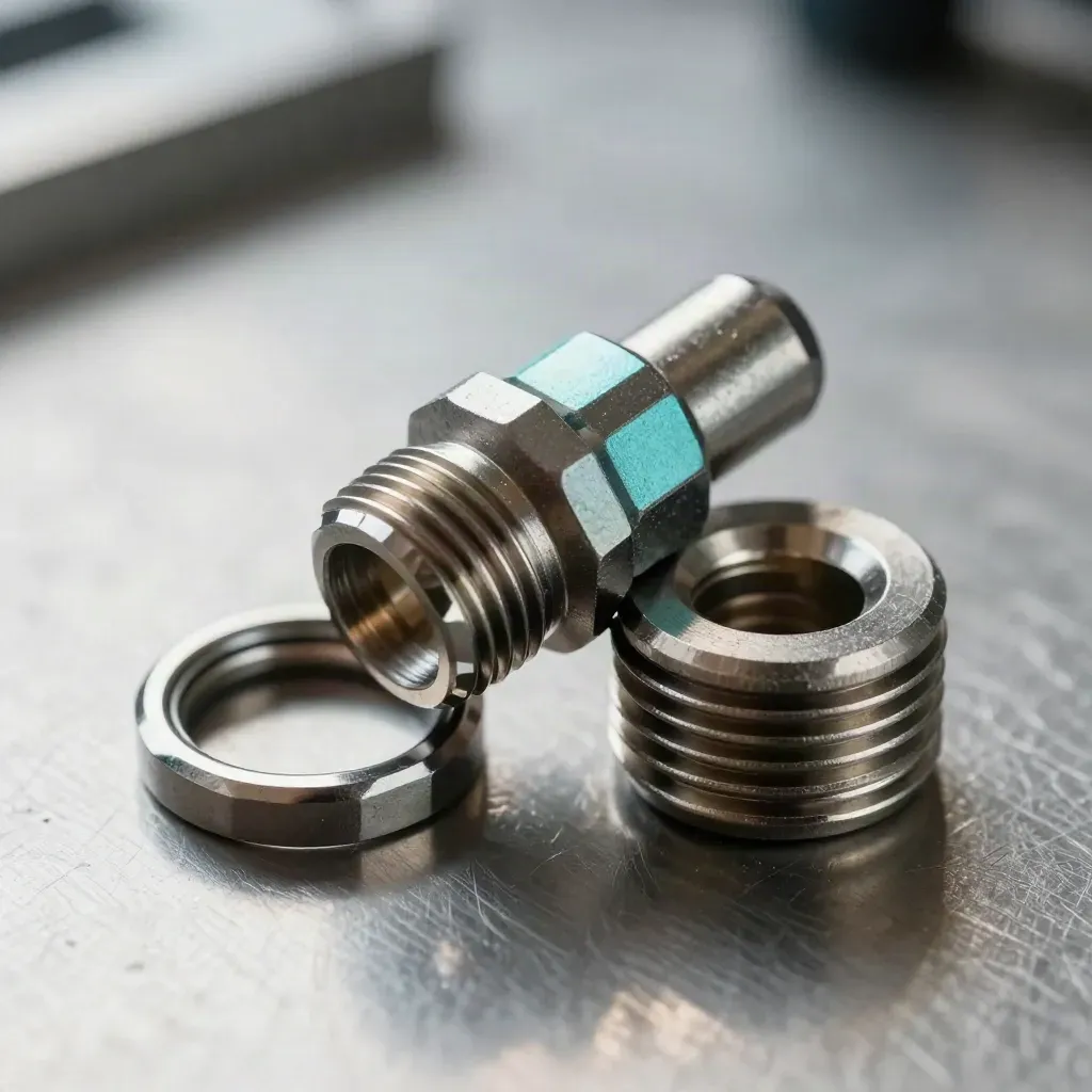 Piastre metalliche modulari e connettori su acciaio spazzolato, luce morbida e accento teal.
